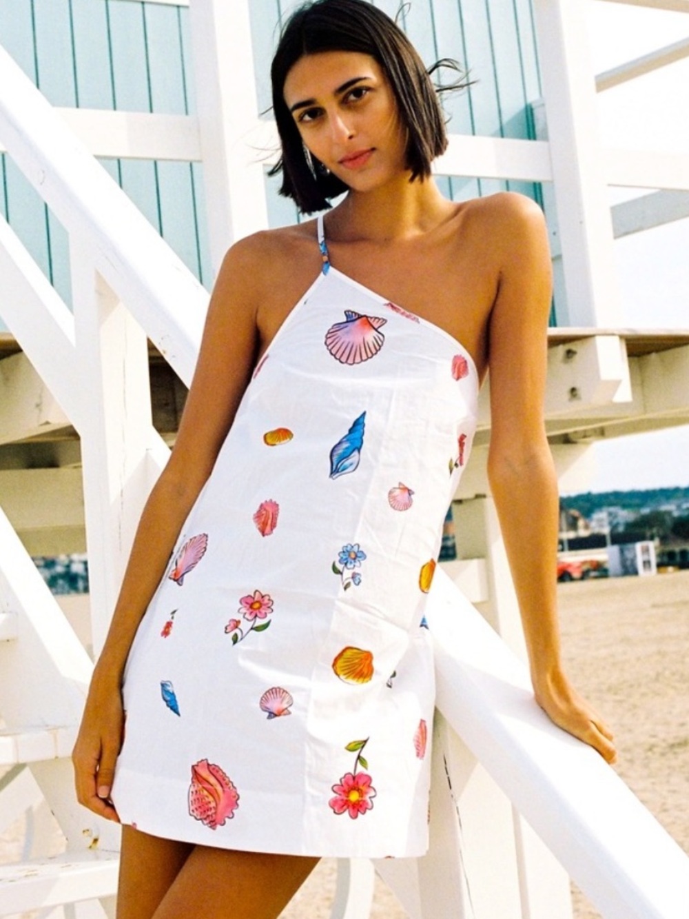 Ciao Lucia White Mini Dress with Multicolor Seashell & Floral Prints